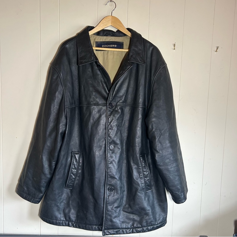 Dockers genuine black long leather jacket size XXL